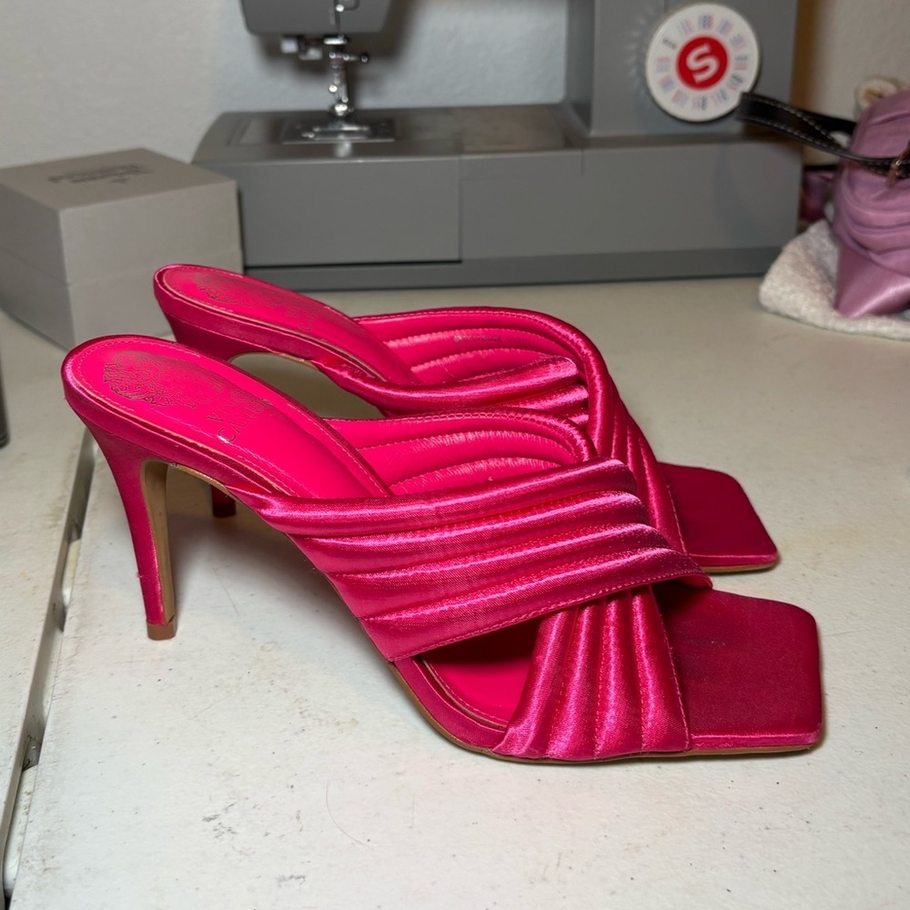Vince Camuto Hot Pink Satin Crisscross Mule Heels - Picture 5 of 6
